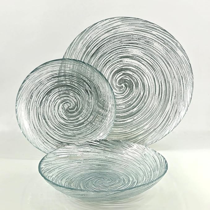 Red Pomegranate Volute Glass Dinnerware Set Set of 12 pcs Silver