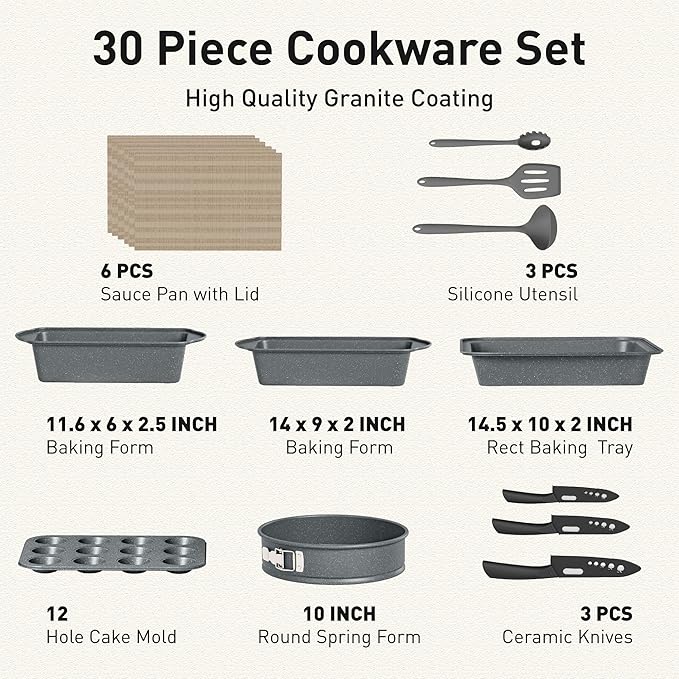 DishDelight Induction Pots and Pans Set Non Stick 30 Piece Nonstick Kitchen Cookware Sets Gray Cooking Pan Set PFOA &amp PFOS Free
