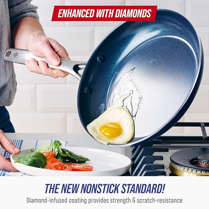 Blue Diamond 9 Piece Nonstick Cookware Set Diamond Ceramic Pots &amp Pans Dishwasher &amp Metal Utensil Safe Non Toxic PFAS-Free Kitchen Cooking Sauce &amp Saute Pans Oven &amp Broiler to 600