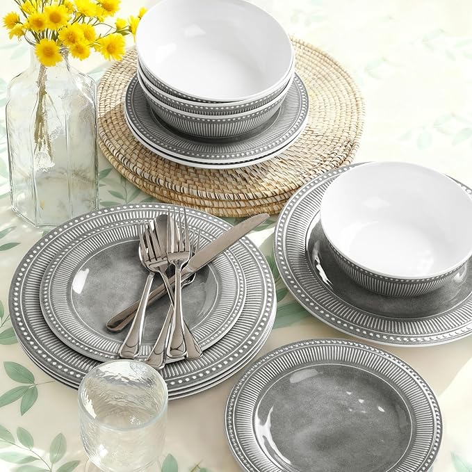 AELS Melamine Dinnerware Set of 12 Pcs Dinner Dishes Set for Indoor and Outdoor Use Melamine Plates and Bowls Set for 4 Dishwasher Safe Lightweight Unbreakable BPA Free Gray