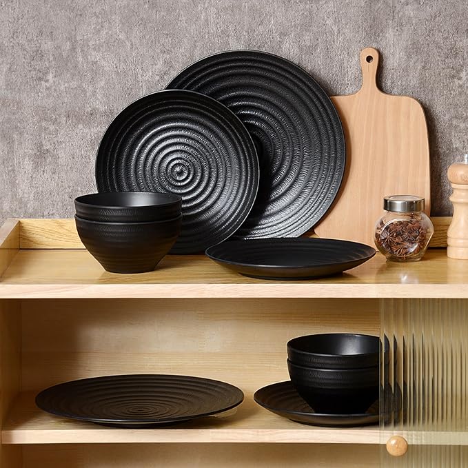 Melamine Dinnerware Sets for 4 12Pcs Plates and Bowls Sets with Modern style Lightweight and Unbreakable Dish Set for Camping RV and BBQ Dishwasher Safe BPA free(Black)