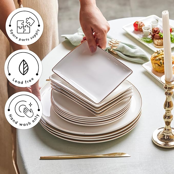 Karaca Santo Gold New Bone 18-Piece Dinner Set for 6 People - 18-Piece Crockery Set with Plates and Bowls Set New Generation Bone China Round Dinnerware Set &amp White Gold Dinner Set