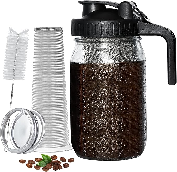 PIZVOXCold Brew Coffee Maker Pitcher 32 oz Thick Glass Mason Jar Spout Lid with Handle &amp Stainless Steel Filter for Iced Brew Coffee Ice Lemonade Sun Tea Fruit Drinks Container