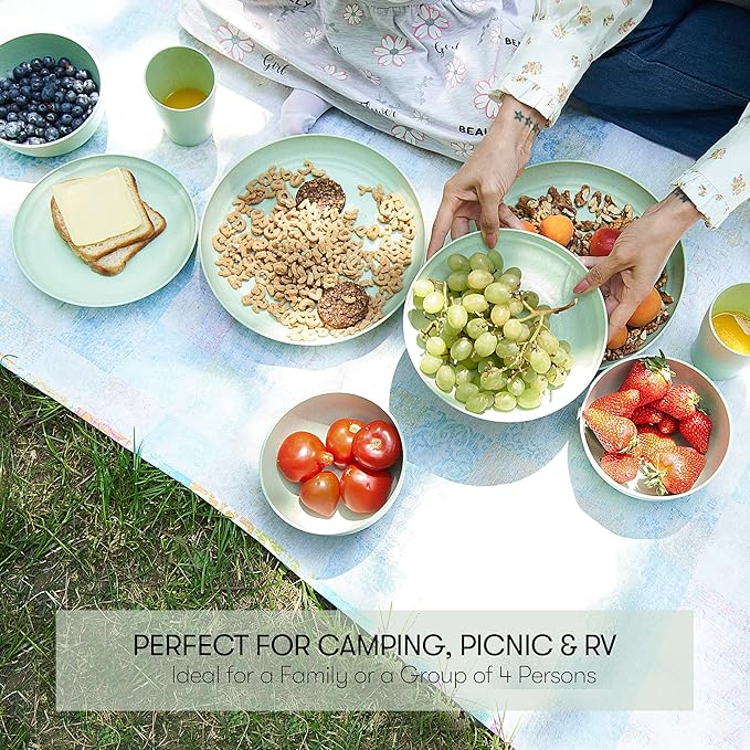 Wheat Straw Dinnerware Sets | Unbreakable Dinnerware Sets | Dishwasher Microwave Safe Dinnerware | Eco Friendly Non Breakable Dinnerware Sets | RV Outdoor Camping (Green Service for 4 (16 pcs))