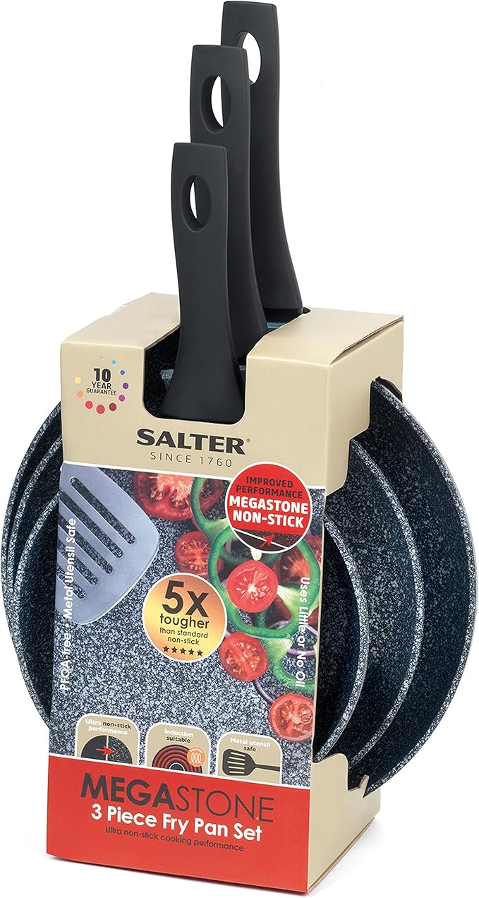 Salter BW06235S Megastone 3 Piece Pan Set Non-Stick Frying Pan Set 20 24 &amp 28 cm Fry Pans Dishwasher &amp Metal Utensil Safe 100% PFOA Free TPR Bakelite handles Induction Hob Suitable