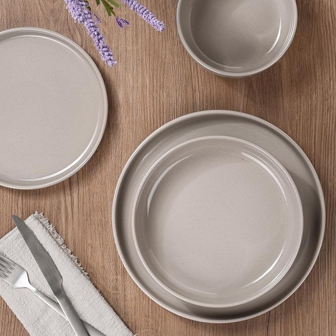 HaWare 16-Piece Plates and Bowls Set for 4 Stoneware Dinnerware Sets with Pasta Bowl Dishes Set for Home Restaurant Speckled Cream Coffee
