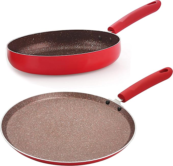 Nirlon Red Stone Induction and Gas Compatible Non Stick Aluminium 2 Piece Cookware Set [1 Flat Roti Tawa 26cm|1 Fry Pan 24cm - 1.5 Liter]
