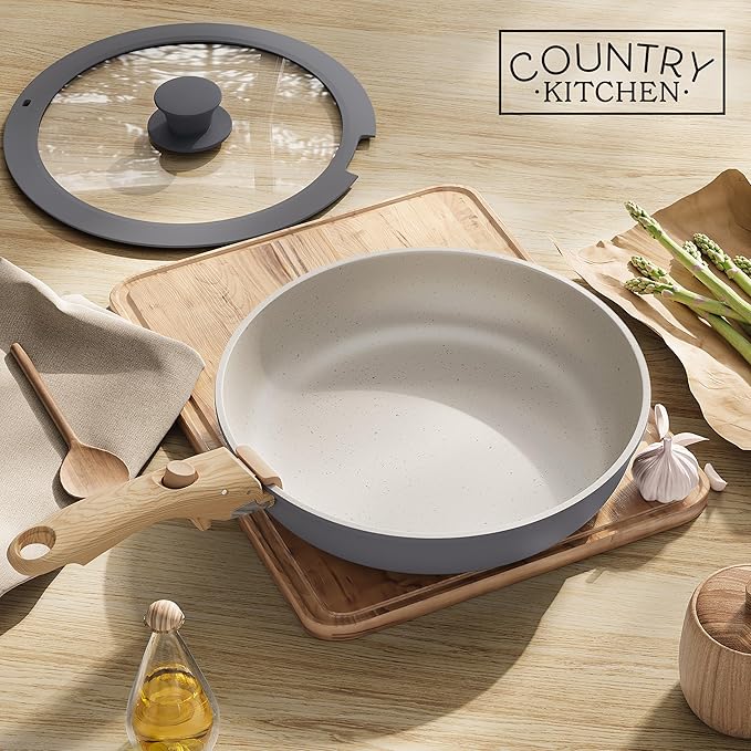 Country Kitchen Cookware Set with Removable Handle Oven &amp RV Safe Pots and Pans Set Grey/Ivory Wood Handle Original