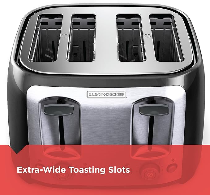 BLACK+DECKER 4-Slice Toaster Extra Wide Slots 7 Shade Settings 1400 Watts Frozen and Bagel Buttons Toast Shade Selector Extra Lift