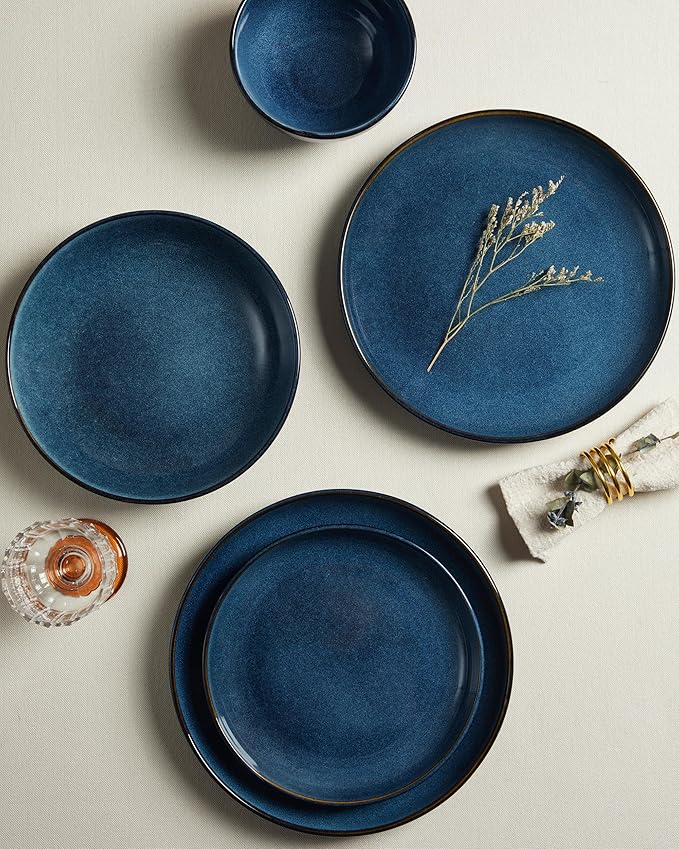 24 Piece Double Bowl Dinnerware Sets with Pasta Bowls Highly Chip and Crack Resistant Plates and Bowls Sets Natural Earthyware Ceramic Dishware Sets Service for 6 Starry Blue