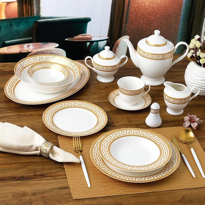G1347-57G 57-PCs Bone China Porcelain Dinnerware Set Antique Greek Designed Tableware Set Dining Table Setting for 8 Set of 57