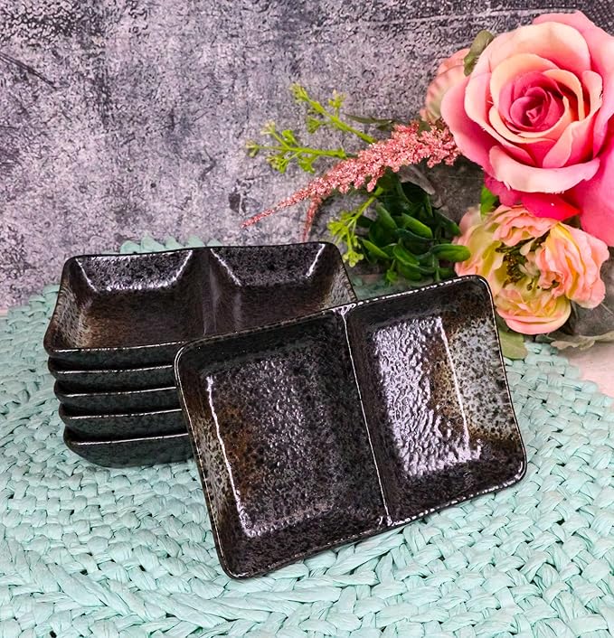 Ebros Gift Artistic Charcoal Grey Tone Hakumu Collection Dinnerware Serveware Kitchenware Set Asian Japanese Restaurant Supply (Pack Of 6 Dual Compartment Rectangle Sauce Dishes)