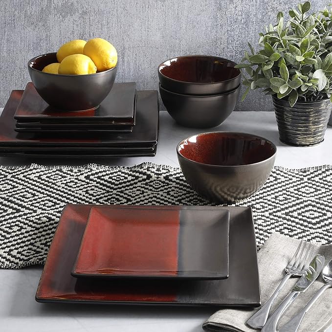 Gibson Elite Decadence 12 Piece Reactive Glaze Dinnerware Set Service for 4 Red with Reactive Metallic Color -