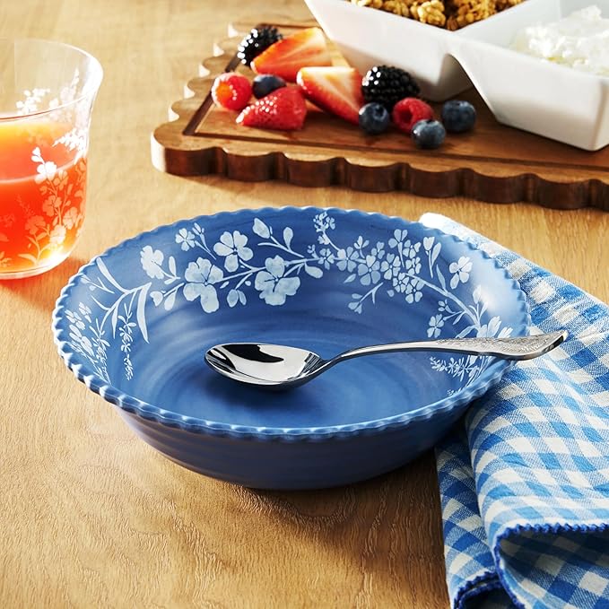 12-Piece Daisy Bamboo Melamine Dinnerware Set - Shatterproof Plates &amp Bowls Lightweight for Indoor Outdoor Dishwasher Safe Service for 4 Ocean Blue Floral Design
