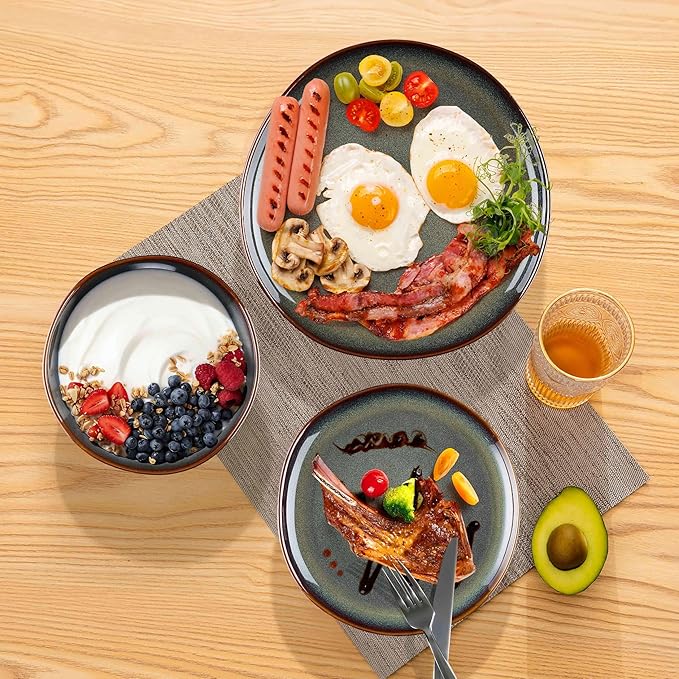 Herogo Stoneware Dinnerware Sets for 8 24 Piece Plates and Bowls Dish Set Irregular Handmade Dinner Ware Dishware for Kitchen Dinning Microwave &amp Dishwasher Safe Lichen Green