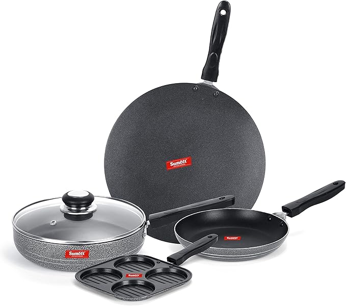 Sumeet NonStick Musta Cookware Set (Mini Multi Snack Maker - 4 Cavity -19.5cm + Frypan with Glass Lid - 1.5Ltr - 22Cm Dia + Tapper pan - 0.6Ltr - 20Cm Dia + Conceve/Roti Tawa - 28Cm Dia)