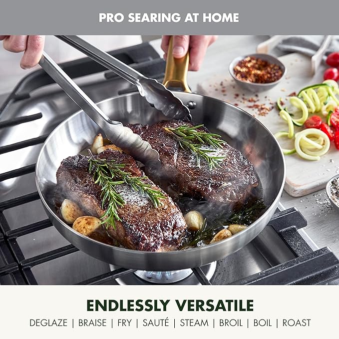 GreenPan Stainless Steel Tri-Ply Reserve 8” Frying Pan Skillet Multiclad Cookware Induction Oven &amp Broiler Safe to 600°F Heat Responsive Core Dishwasher Safe Gold Handle