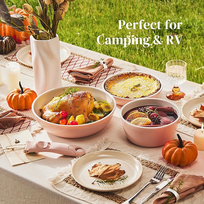 Redchef Ceramic Cookware Set Removable Handle Pots and Pans Non-Stick Rv Cookware Set Non-Toxic Pots and Pans Set No PFAS PTFE PFOA Detachable Pots and Pans Dishwasher &amp Oven Safe (Pink)