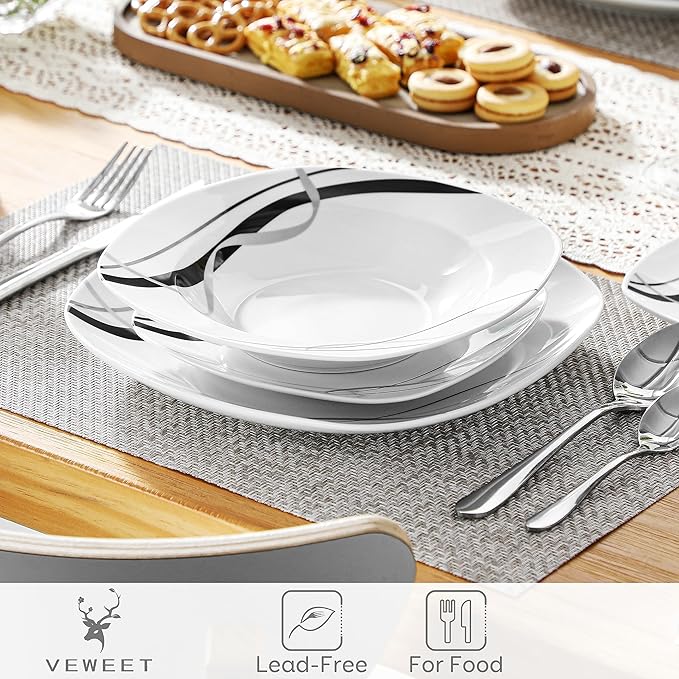 VEWEET Series Fiona 30-Piece Dinnerware Sets for 6 White Dishes Set with Black and Gray Stripes Porcelain Dinner Set Including Dessert Plates Soup Plates Dinner Plates Cups &amp Saucers