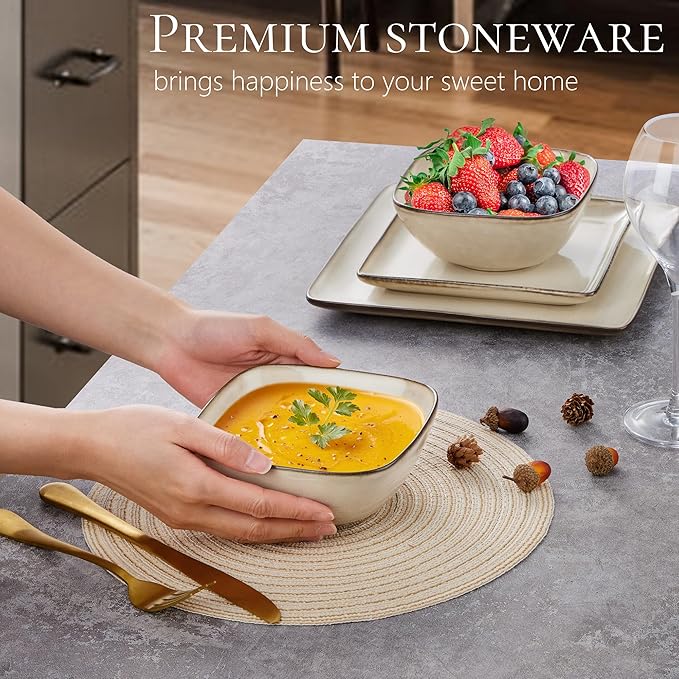 Vesteel 12 Pieces Square Dinnerware Sets Ceramic Plates and Bowls Sets for 4 Handmade Reactive Glaze Dishes Set for Kitchen Dining Microwave &amp Dishwasher Safe Khaki