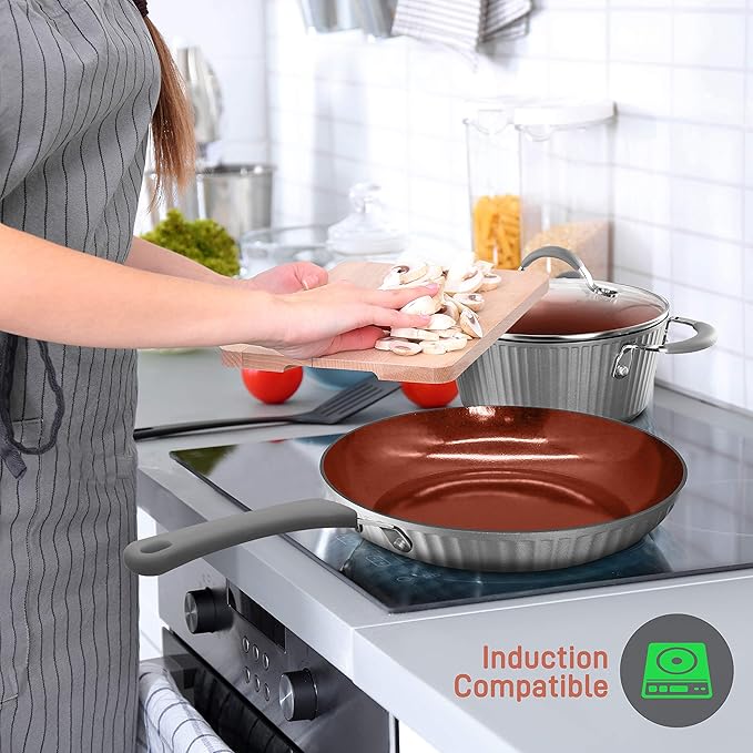 NutriChef Nonstick Cookware Excilon |Home Kitchen Ware Pots &amp Pan Set with Saucepan Frying Pans Cooking Pots Lids Utensil PTFE/PFOA/PFOS free 11 Pcs Gray