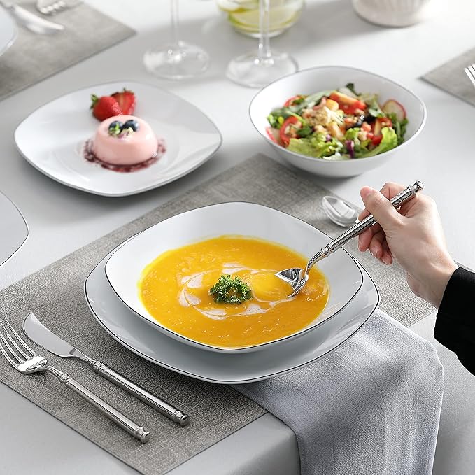 MALACASA Dinnerware Sets 24 Piece Porcelain Square Dishes White with Black Rim Plates and Bowls Sets Ceramic Dish Set for 6 Chip Resistant Dishware Sets Series ELISA