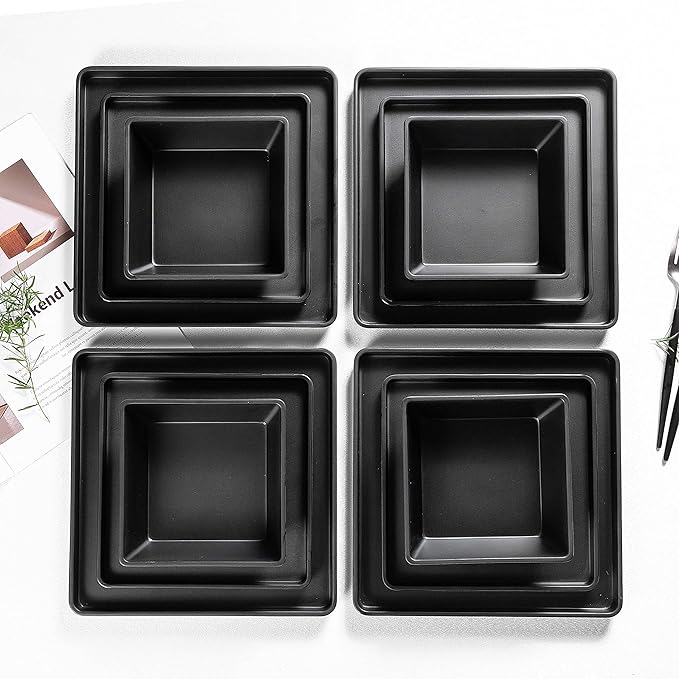 Melamine Dinnerware Sets - 12pcs Square Plates and Bowls Set Dishes Set Black