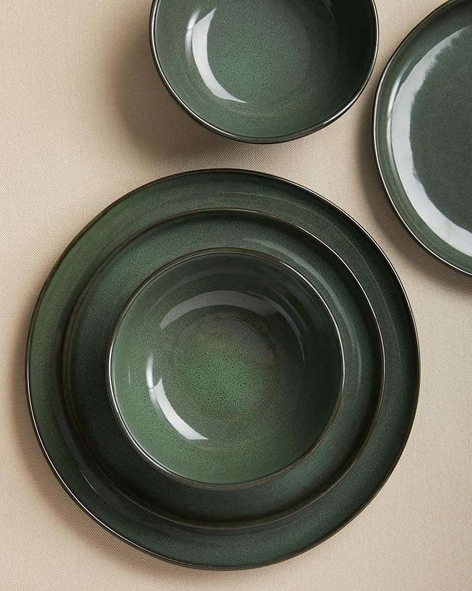 Plates and Bowls Sets for Family of 6 Ceramic Dinnerware Sets Kitchen Dish Set Microwave &amp Dishwasher Safe Dishware Highly Durable Reactive Glazed Dinner Set Forest Green