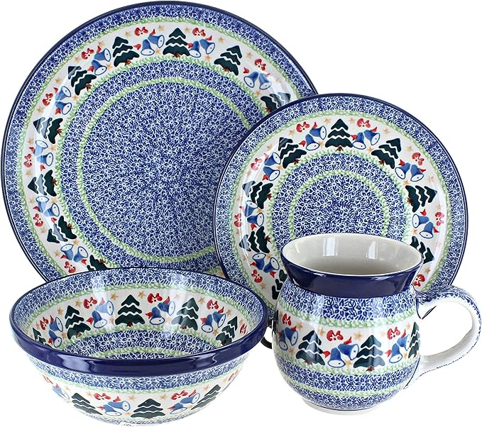 Blue Rose Polish Pottery - Blue Winter Bells 4 PC Place Setting - Service for 1-1 Place Setting - Ceramic Dinnerware Set Unique Christmas Gift &amp Festive Tableware