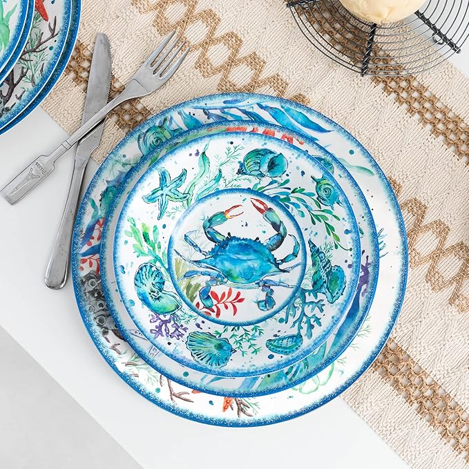 LEHAHA 12-Piece Melamine Beach Dinnerware Set Coastal Plates and Bowls Sets Oceanic Sea Life Dish Sets for 4 Great for Indoor Outdoor Dining on the Beach RV Camping or Cabin
