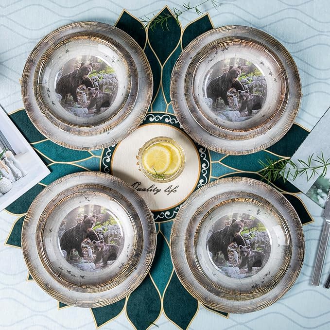 Melamine Dinnerware set for 4 - Dinner Plates Bowls Set 12 PCS Durable BPA Free Dishwasher Safe Shatter-Proof Chip Resistant for Indoor OutdoorBear