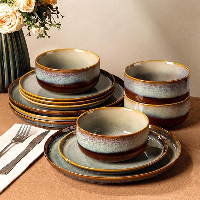TheTerra Ceramic Dinnerware Sets for 4 12 Pieces Handmade Reactive Glaze Plates and Bowls Set Scratch Resistant Dish Set Oven &amp Microwave &amp Dishwasher Safe Dusk Blue