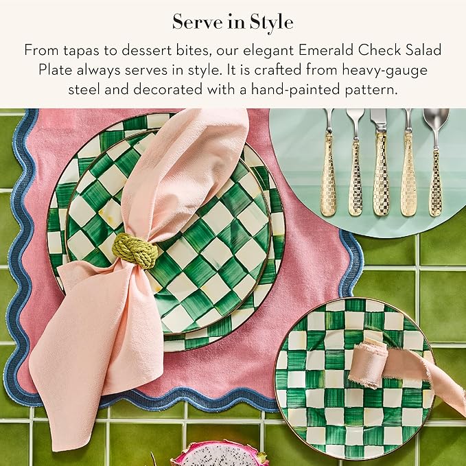 MACKENZIE-CHILDS Enamel Salad and Dessert Plate Small Plate for a Dessert or Appetizer Dish 8 Inches Green-and-White Emerald Check