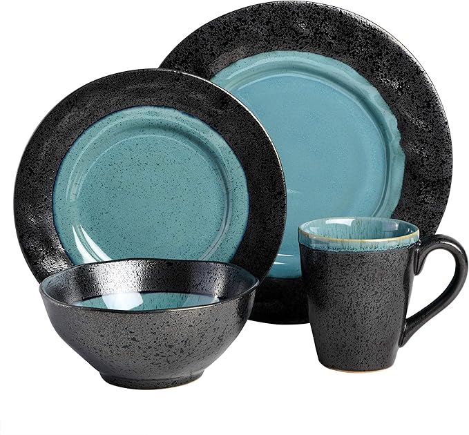 Gibson Elite Dragonstone Round Reactive Glaze Stoneware Dinnerware Set Service for Four (16pcs) Aqua
