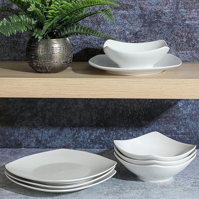 Gibson Home Zen Buffet Matte Porcelain Chip and Scratch Resistant Plates and Bowls Dinnerware Set - White Service for 4 (8pcs)
