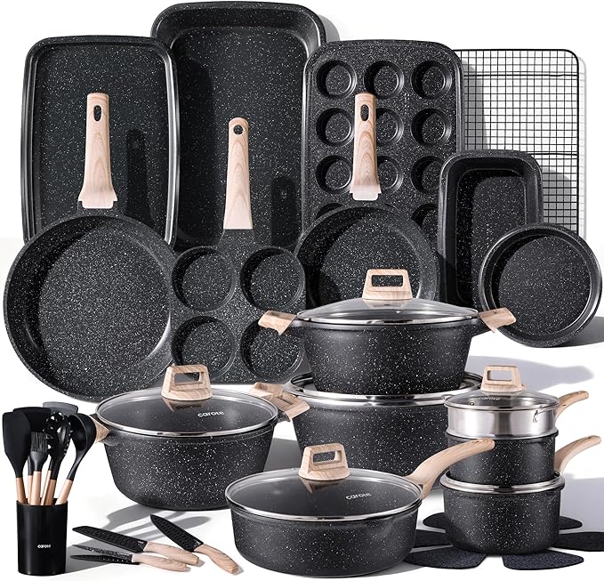 CAROTE 44pcs Pots and Pan Set Nonstick Cookware Sets Cooking Set Non Stick Induction Cook Ware with Bakeware Set Kitchen Knife Set