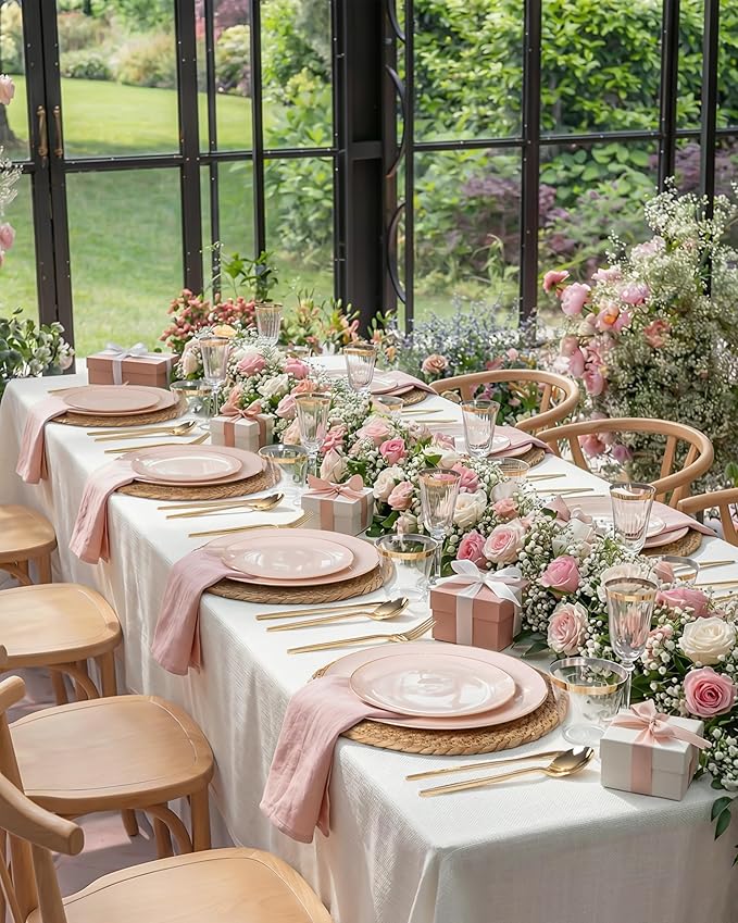 bUCLA 150PCS Pink Plastic Plates - Pink and Gold Disposable Include 25 Each (Dinner &amp Dessert) Plates 25 Knives 25 Forks 25 Spoons and 25 Cups Ideal for Party Wedding &amp Easter