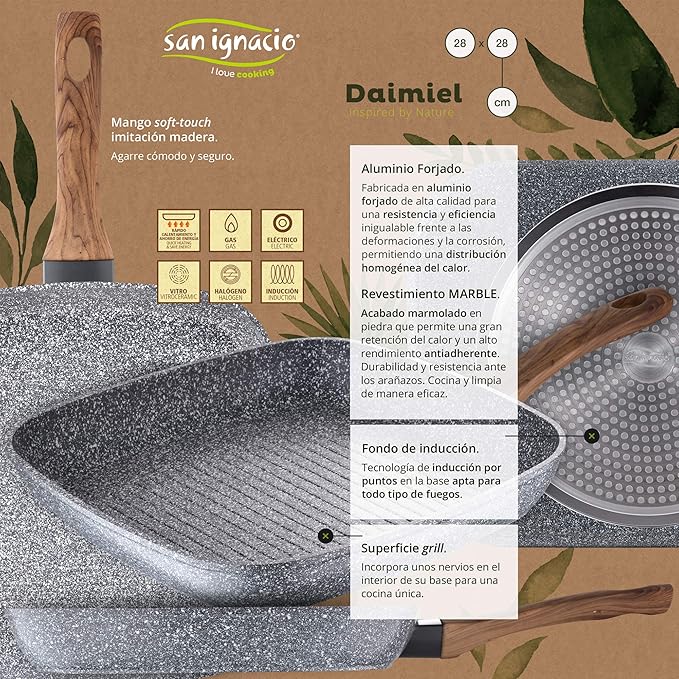 Kitchen Battery 8 Pieces SAN IGNACIO Premium Nona Stainless Steel with pan Set (18/22 cm) and Grill 28x28 cm Daimiel in Forged Aluminum