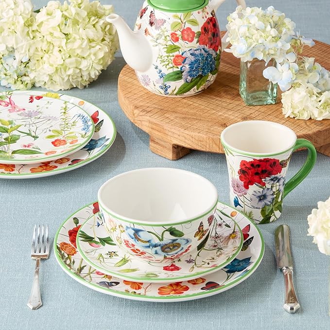 Greenhouse 16-Piece Dinnerware Set Service for 4 Botanical Patterns with Butterflies &amp Dragonflies Durable &amp Stylish Perfect for Brunches Family Dinners &amp Nature-Inspired Tablescapes