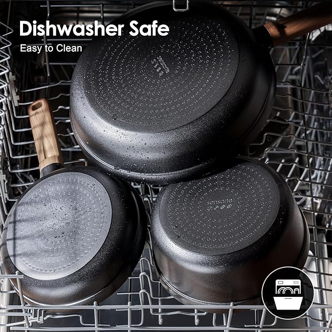 SENSARTE Nonstick Pots and Pans Set 17pcs Healthy Induction Cookware Set Kitchen Cooking Set with Skillets &amp Saucepans Stay-cool Handles Dishwasher Safe PFOA PFOS Free Matte Black
