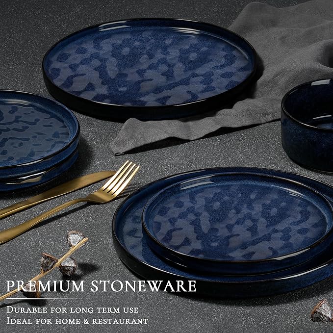 Vesteel Dinnerware Sets 12-Piece Stoneware Plates and Bowls Set Dishes Set for 4 Elegant Ceramic Dinnerware for Home Restaurant - Ocean Blue