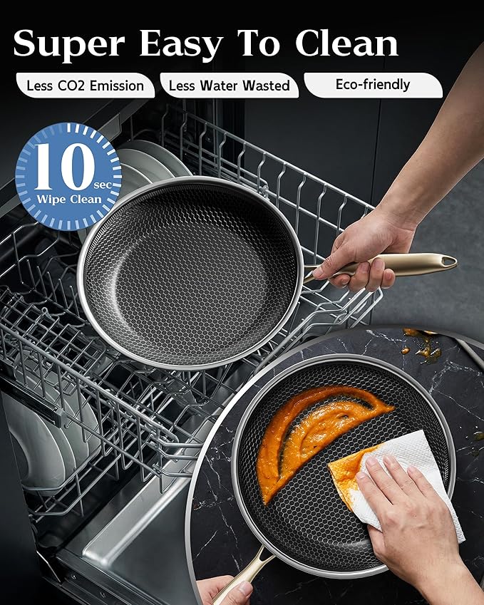Honeycomb Stainless Steel Nonstick Frying Pan with Lid 12 Inch Induction Cooktop Compatible Skillet PFOA-Free Scratch-Proof Dishwasher &amp Oven Safe Stay-Cool Handle Gold Kitchen Cookware