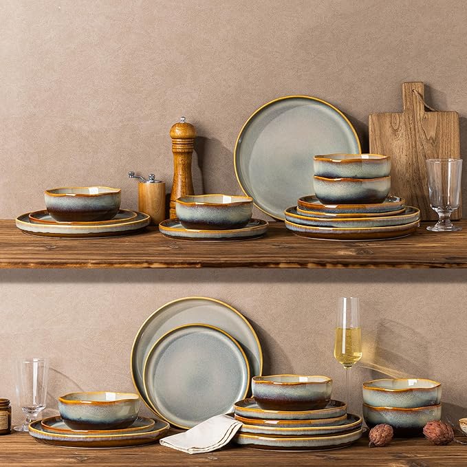TheTerra Ceramic Dinnerware Sets for 4 12 Pieces Handmade Reactive Glaze Plates and Bowls Sets Scratch Resistant Dish Set Oven &amp Microwave &amp Dishwasher Safe Brown Blue