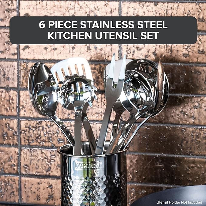 Viking Kitchen Utensils Set 6 Piece Stainless Steel Cooking Utensil Set Includes Spatulas Spoons Pasta Fork and Deep Ladle Hollow Forged Silver