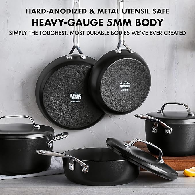 GreenPan GP5 Hard Anodized Healthy Ceramic Nonstick 14 Piece Cookware Pots &amp Pans SetHeavy Gauge Scratch Resistant Stay Flat SurfaceInduction Mirror Finish HandleOven Safe PFAS-Free Black