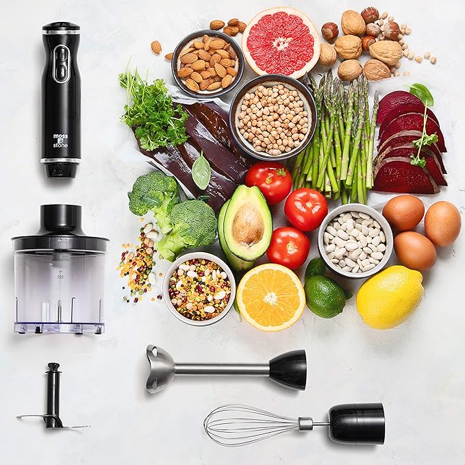 Moss &amp Stone Electric Hand Blender Set 300W Immersion Hand Blender with Whisk and Chopper Stainless Steel Shaft and Blades 2-Speed Handheld Mixer with Ergonomic Grip Black