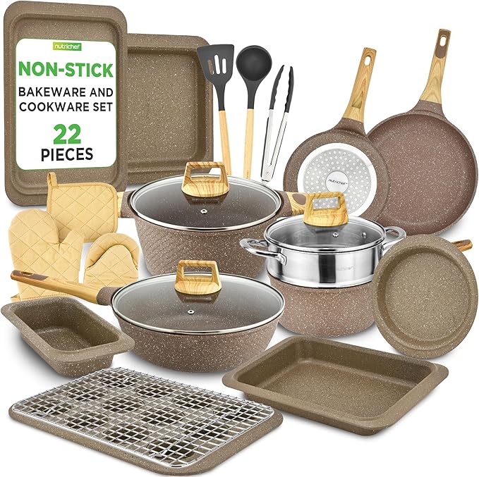 NutriChef 22‑Piece Non‑Stick Ceramic Pots and Pans Set – For All Cooktops Including Induction – PTFE &amp PFAS Free Includes Bakeware &amp Utensils