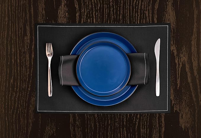 Stone Lain Albie Stoneware 16-Piece Modern Dinnerware Set Kitchen Plates and Bowls Sets Service for 4 Blue and Black Microwave &amp Dishwasher Safe