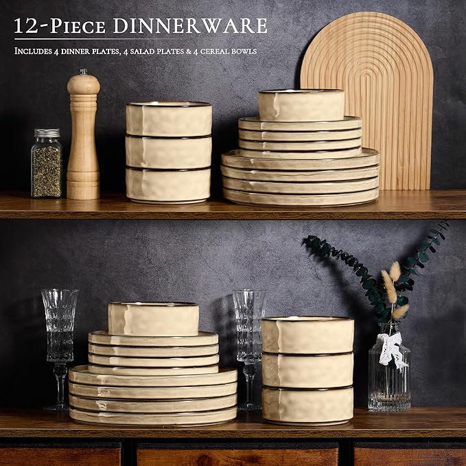 Vesteel Dinnerware Sets 12-Piece Stoneware Plates and Bowls Set Dishes Set for 4 Elegant Ceramic Dinnerware for Home Restaurant - Khaki