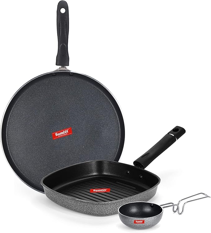 SUMEET NonStick Grau Aluminium Cookware Set (Dosa Tawa - 26.5Cm Grill Pan-22cm Waghariya/Tadka pan - 190Ml - 10Cm) - Silver